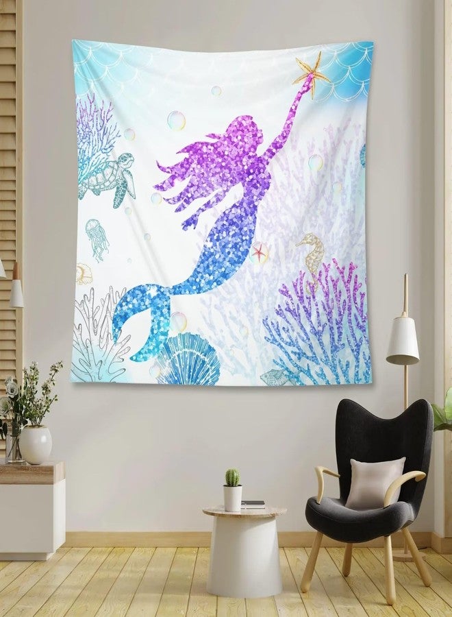 AAVEUP Mermaid Tapestry Blue Watercolor Simple Underwater Glitter Coral Starfish Seahorse Sea Turtle Mermaid Princess Tapestries for Nursery Boys Girls Bedroom Dorm Living Room Decor 30x40in - Image 1